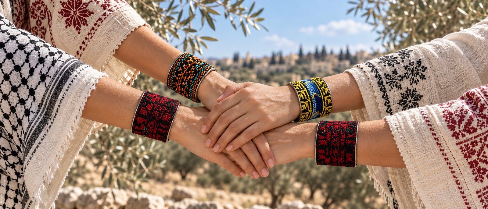 Hands wearing hand-embroidered Palestinian tatreez cuff bracelets made in Gaza, with olive trees behind