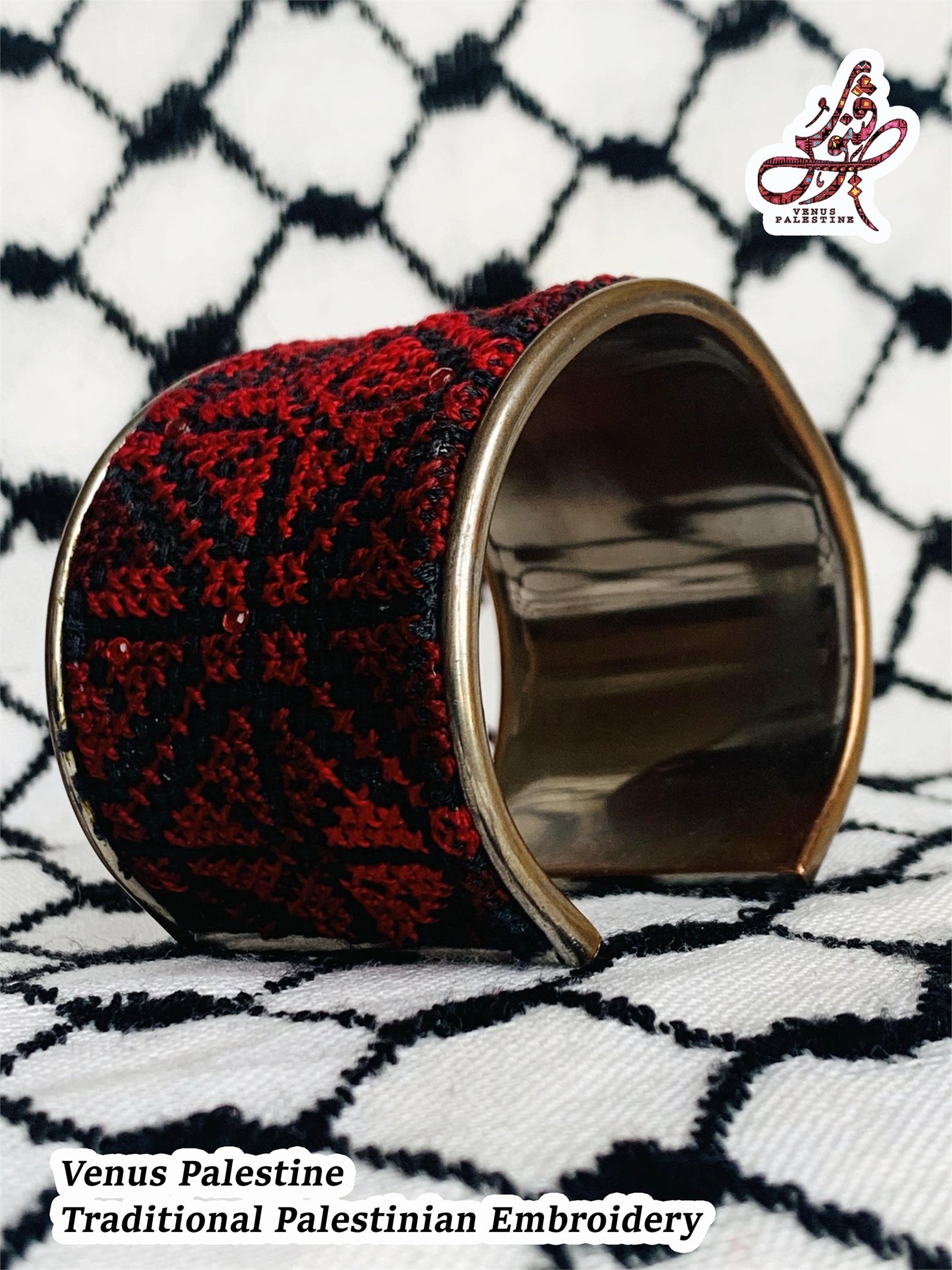 Burgundy Framed Rose Tatreez Cuff Bracelet - Image 2