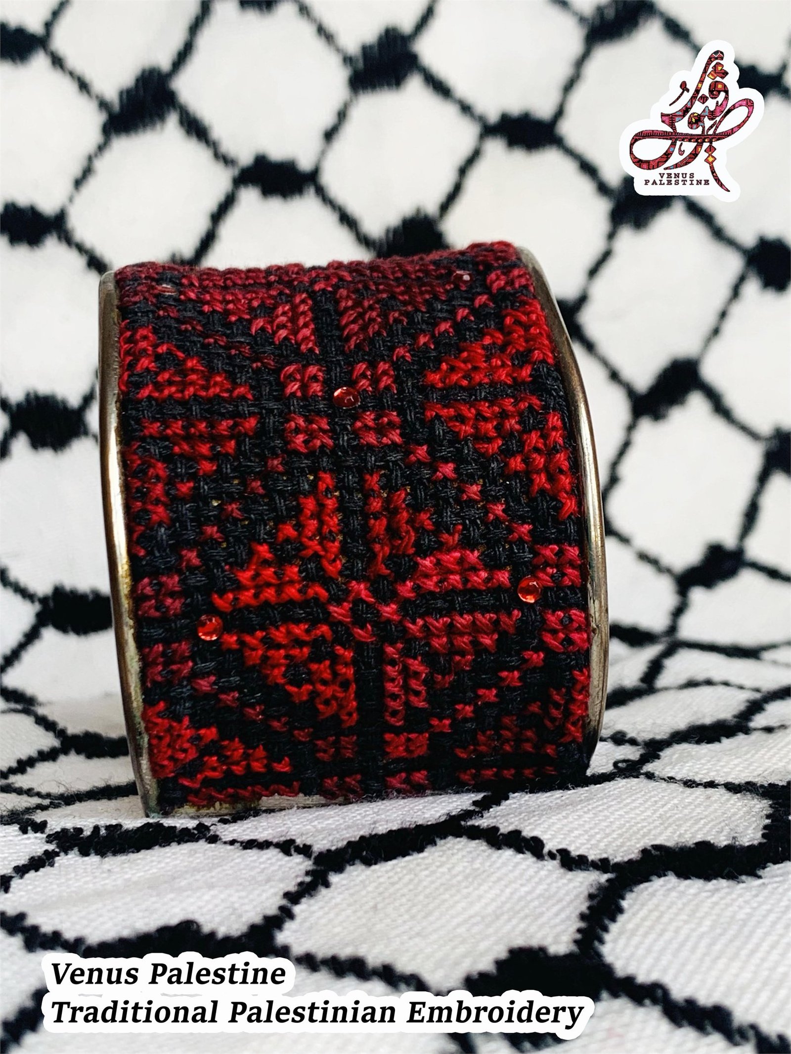 Burgundy Framed Rose Tatreez Cuff Bracelet - Image 3