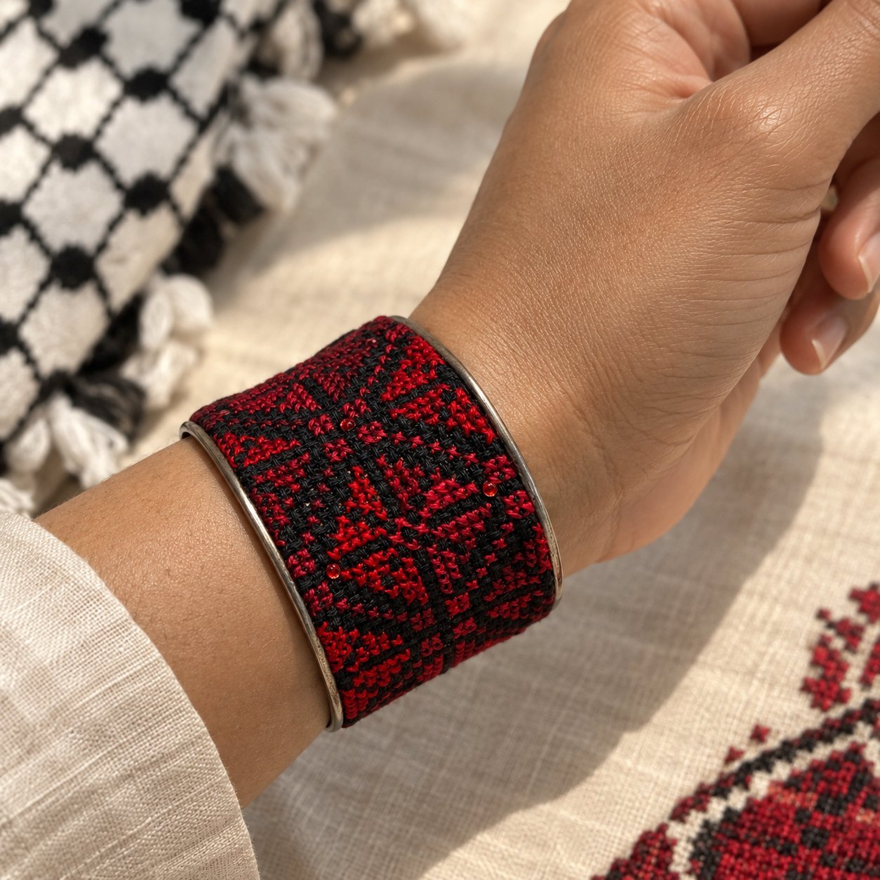 Burgundy Framed Rose Tatreez Cuff Bracelet