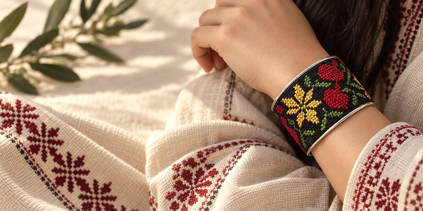 Daughters of Palestine hand-embroidered tatreez cuff bracelet