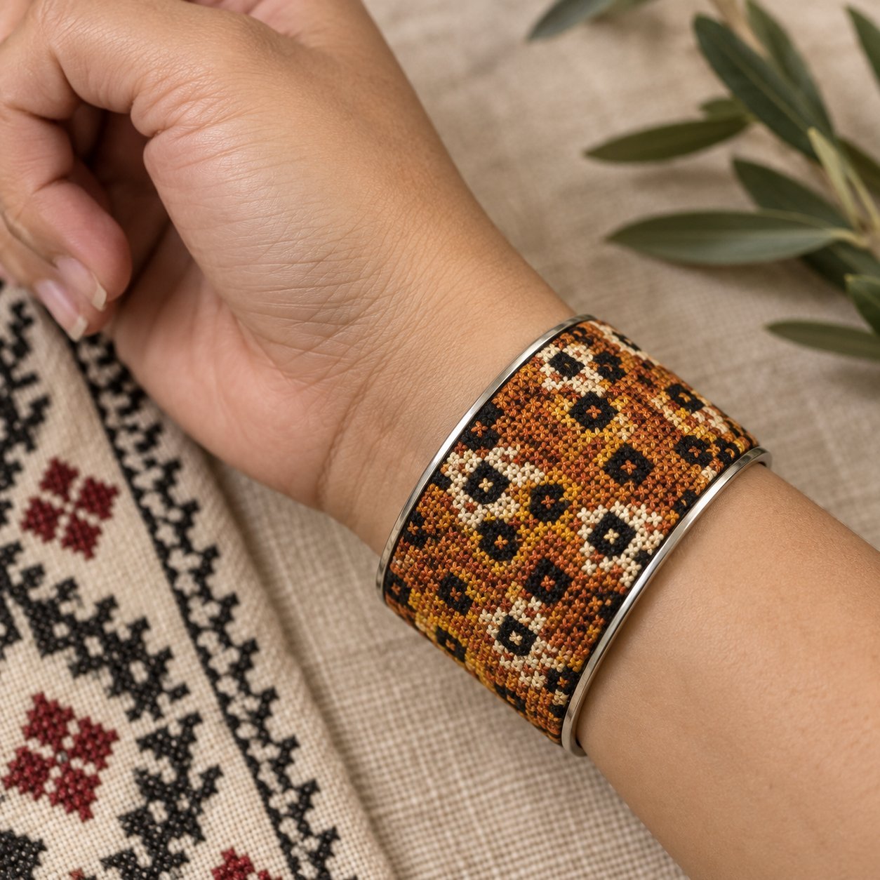 Earth Symbol Tatreez Cuff Bracelet