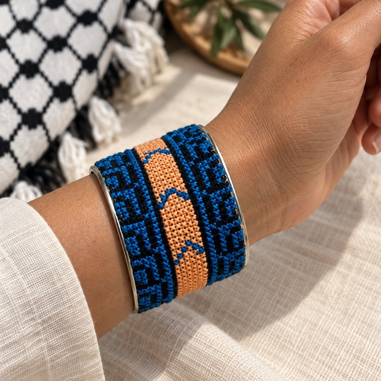 Feather and Mountain Tatreez Cuff Bracelet