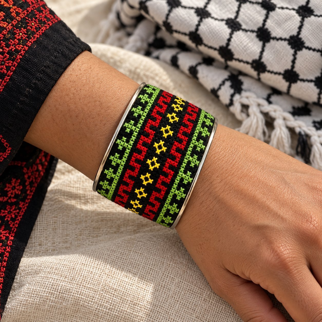 Green Homeland Tatreez Cuff Bracelet
