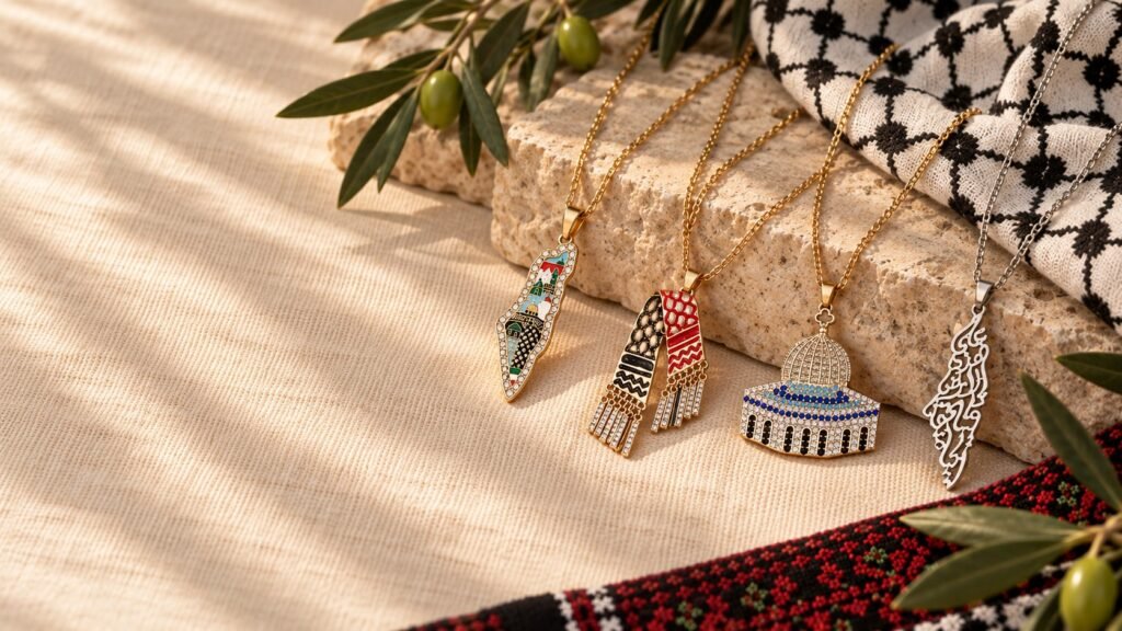 Palestine necklace collection with map, keffiyeh and Al-Aqsa pendants