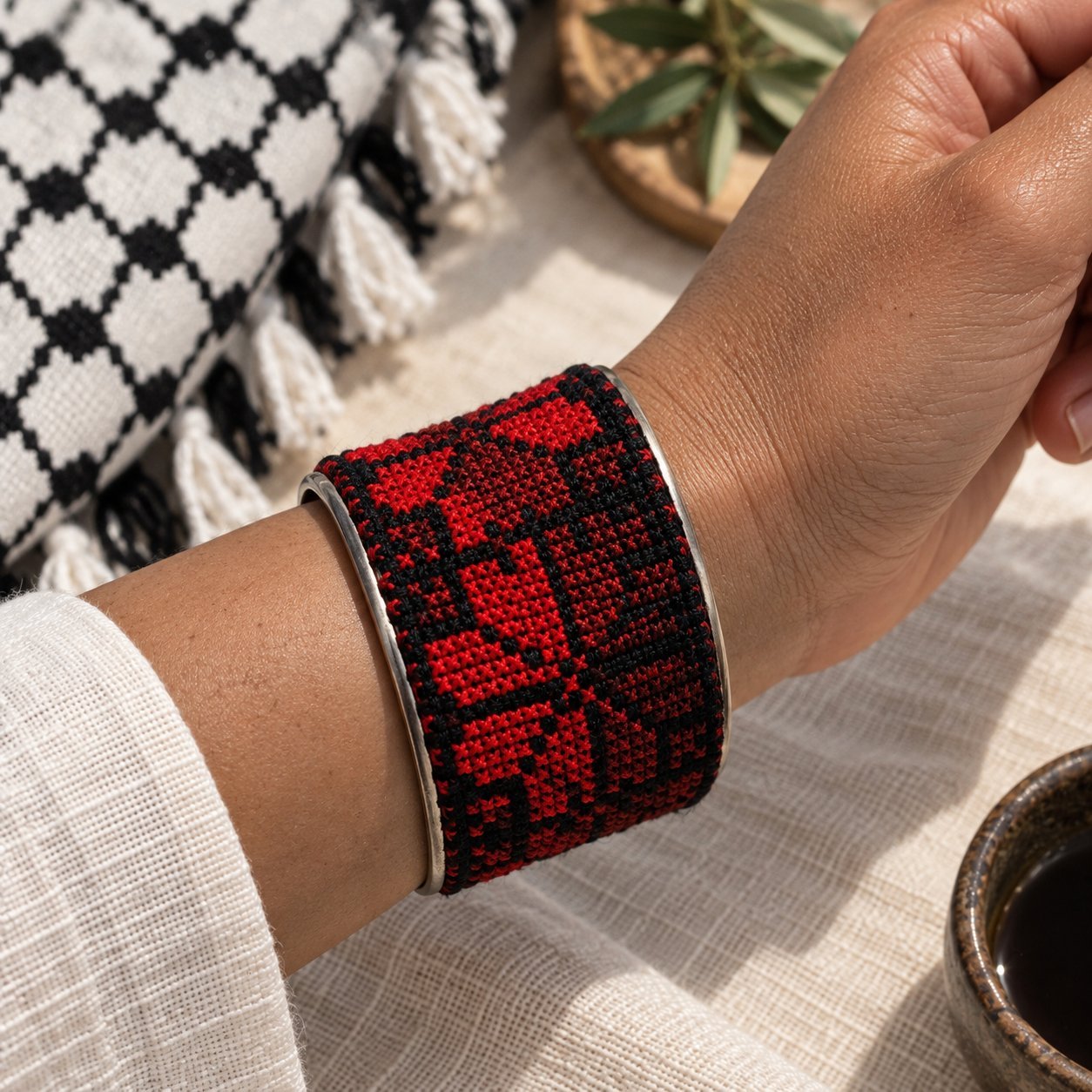 Red Heritage Tatreez Cuff Bracelet