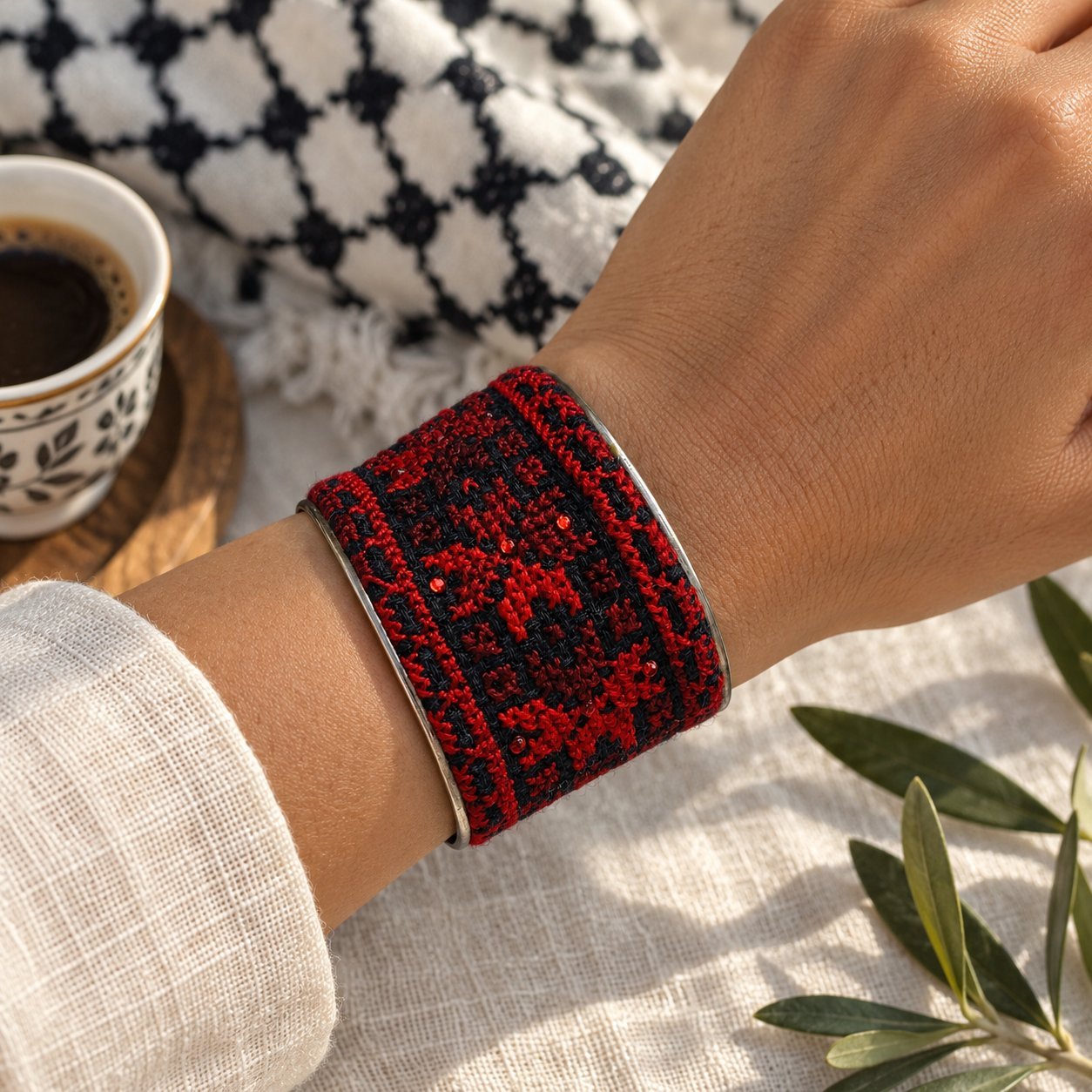 Star and Feather Frame Tatreez Cuff Bracelet