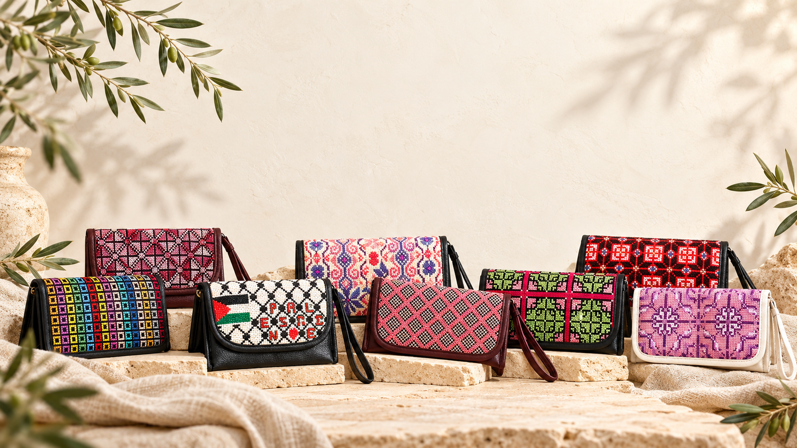 Palestinian tatreez clutches in soft olive grove light