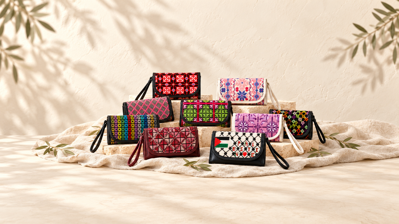 Hand-embroidered Palestinian tatreez purses made in Gaza
