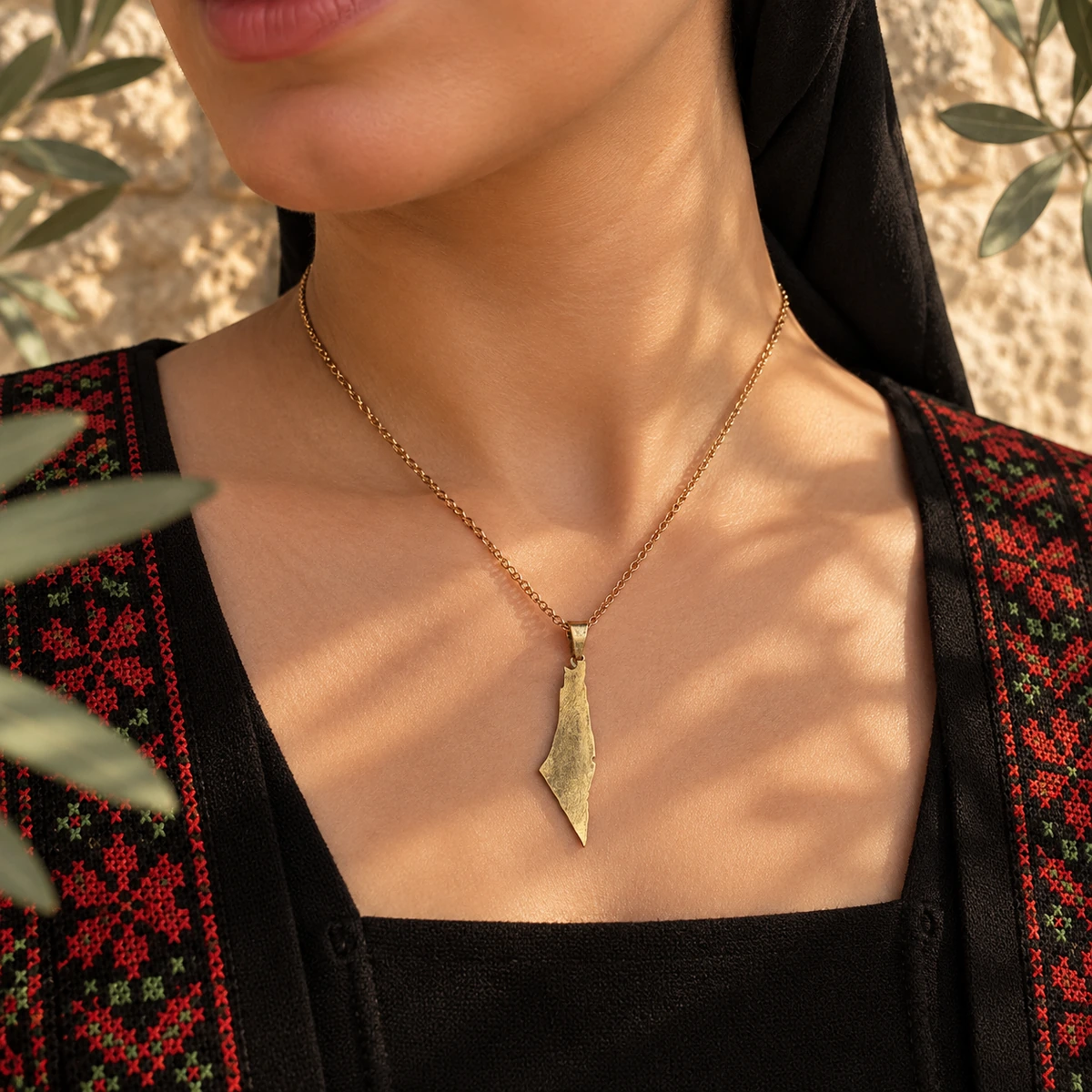 Golden Palestine Map Necklace, detail view