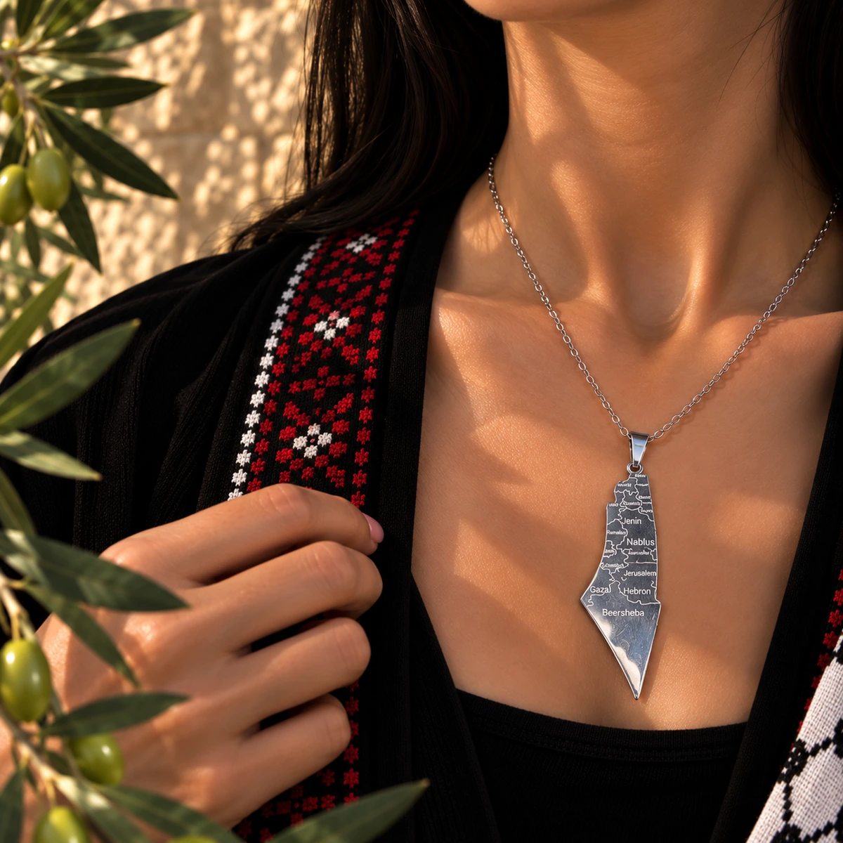 Engraved Palestine Map Necklace, detail view