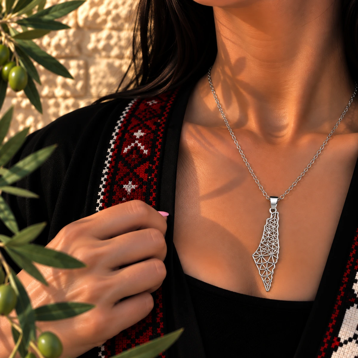 Geometric Palestine Map Necklace, detail view