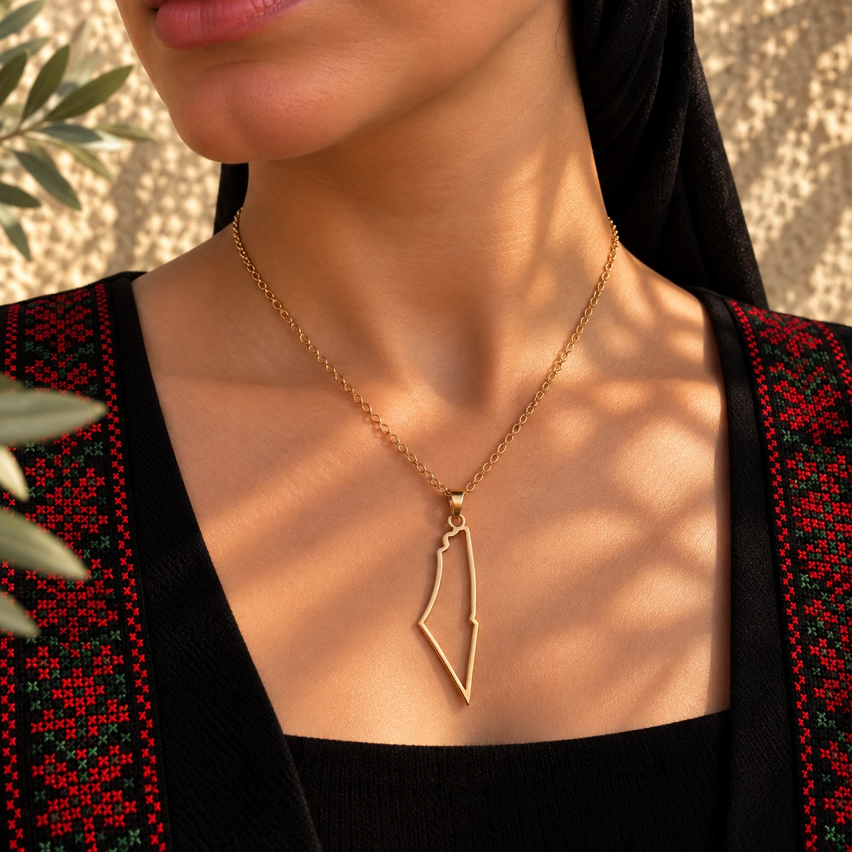 Golden Palestine Outline Necklace, detail view
