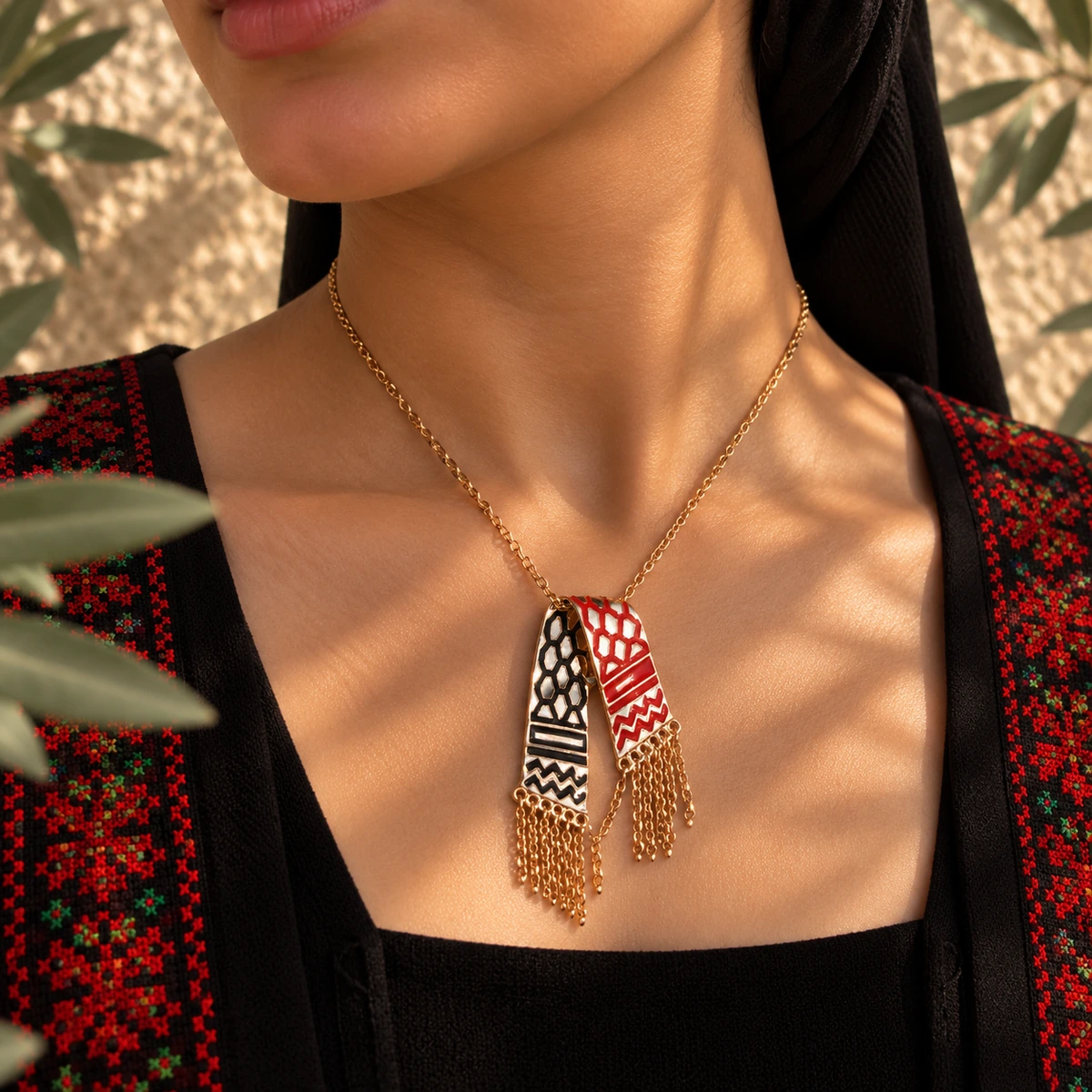 Red Tassel Keffiyeh Necklace, detail view