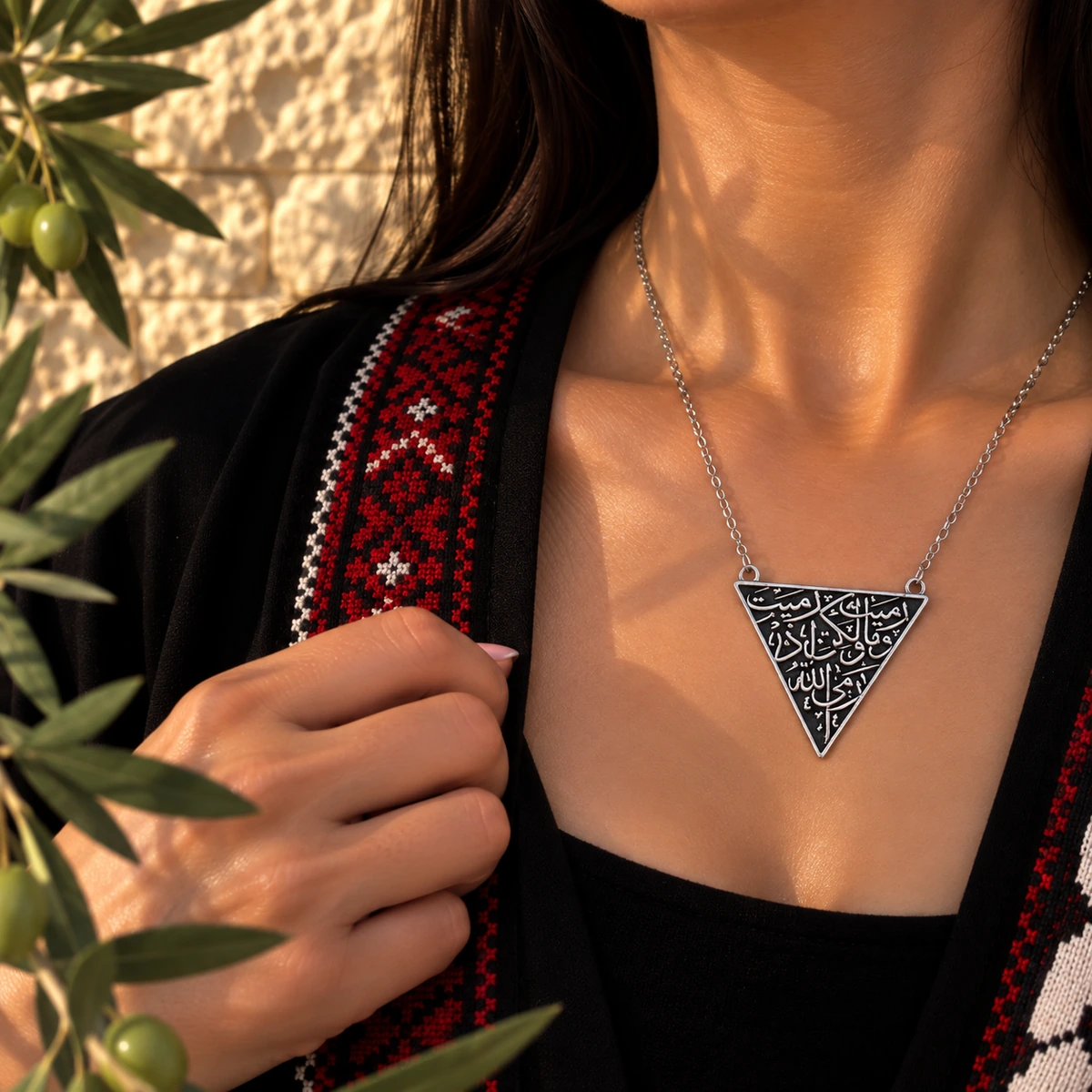 Black Triangle Calligraphy Necklace, detail view