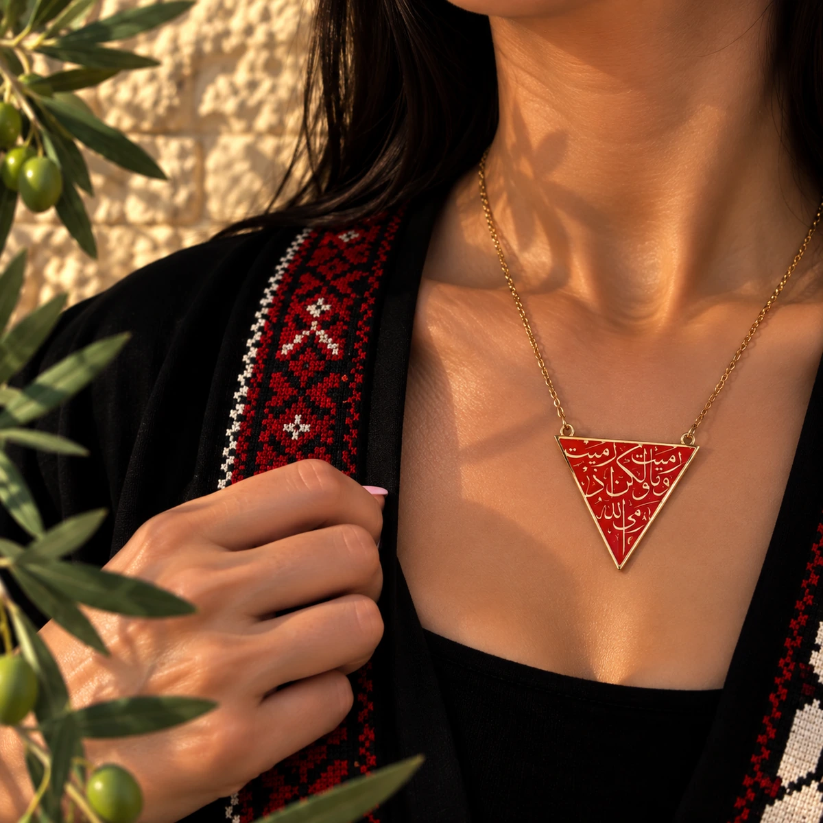 Red Triangle Calligraphy Necklace, detail view