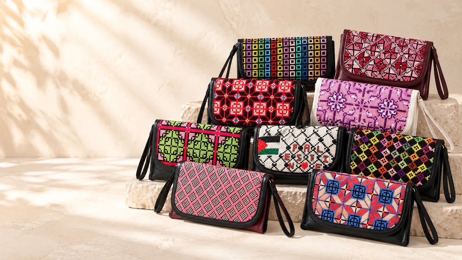 Tahweesheh hand-embroidered Palestinian tatreez purses and pouches