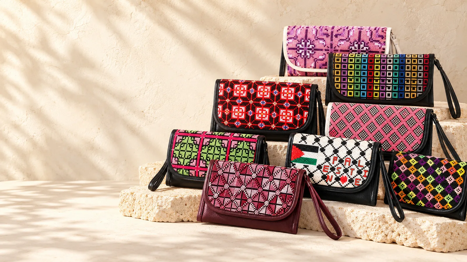 Hand-embroidered Palestinian tatreez purses from Gaza on sunlit stone
