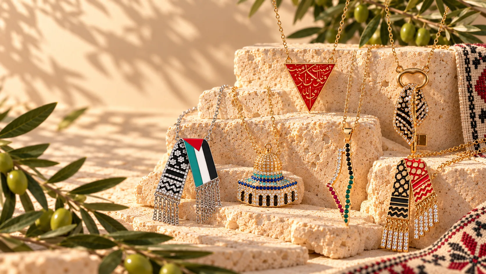 Palestinian jewelry with keffiyeh, map and flag symbols on sunlit stone